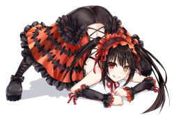 Rule 34 | 1girl, :q, asle, ass, black bow, black footwear, black hair, blush, boots, bow, brown eyes, closed mouth, commentary request, cross-laced footwear, date a live, dress, female focus, frilled dress, frills, full body, hairband, heterochromia, jack-o&#039; challenge, lace-up boots, lolita hairband, long hair, looking at viewer, neck ribbon, red dress, red eyes, red ribbon, ribbon, shadow, simple background, smile, solo, tokisaki kurumi, tongue, tongue out, top-down bottom-up, twintails, white background