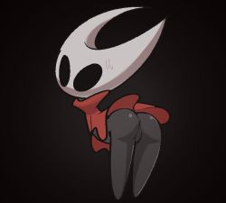 Rule 34 | 1girl, anus, ass, bent over, black background, black eyes, black skin, colored skin, dress, female focus, flat chest, from behind, full body, gradient background, hollow knight, hornet (hollow knight), jaggy lines, looking at viewer, looking back, nervous, no panties, no pussy, red dress, shiny skin, short dress, simple background, solo, standing, sweat, vilepluff