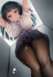Rule 34 | 1girl, alternate breast size, bathroom, black hair, blush, breasts, ceiling, cleavage, dress shirt, dutch angle, from below, highres, huge breasts, leaning forward, long hair, love live!, love live! sunshine!!, panties, pantyhose, pink eyes, pink panties, pleated skirt, shirt, skirt, straining buttons, teardrop, tears, tem10, tile ceiling, tiles, toilet stall, tsushima yoshiko, underwear, upskirt, water drop, wet, wet clothes