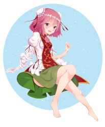 Rule 34 | 1girl, bandaged arm, bandages, barefoot, blue background, blush, breasts, commentary, double bun, feet, flower, full body, green skirt, hair bun, highres, ibaraki kasen, open mouth, petals, pink eyes, pink flower, pink hair, pink rose, puffy short sleeves, puffy sleeves, ribbon, rose, sh1 (shanghaidoll), shirt, short hair, short sleeves, simple background, skirt, small breasts, smile, solo, tabard, toes, touhou, white background, white shirt