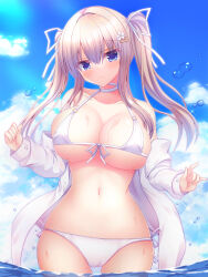 Rule 34 | 1girl, absurdres, bikini, blue eyes, blue sky, blush, breasts, brown hair, cleavage, closed mouth, cloud, collarbone, cowboy shot, day, flower, hair flower, hair ornament, hair ribbon, hairclip, highres, jacket, large breasts, long hair, long sleeves, looking at viewer, micro bikini, navel, open mouth, original, ribbon, school uniform, shitou kazuaki, sky, smile, solo, standing, stomach, swimsuit, underboob, wading, water drop, white bikini, white jacket, wide hips