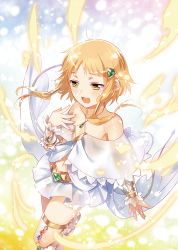Rule 34 | 1girl, ankle lace-up, bare shoulders, capelet, cross-laced footwear, detached sleeves, gem, gold, green eyes, hair ornament, hair tubes, highres, light, long hair, miniskirt, murakami yuichi, official art, open mouth, orange hair, sidelocks, skirt, solo, thigh strap, unsimulated incubator, wakatsuki saran
