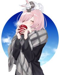 Rule 34 | 1girl, animal, animal on head, blush, chaldea teatime, closed eyes, cloud, commentary request, cup, fate/grand order, fate (series), fingernails, fou, highres, holding, holding cup, light purple hair, mash kyrielight, mash kyrielight (chaldea teatime), official alternate costume, on head, plaid, plaid scarf, ribbed sweater, scarf, short hair, sino42, sky, smile, steam, sweater, swept bangs, upper body, winter clothes