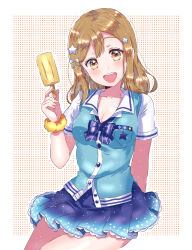 Rule 34 | 1girl, :d, bad id, bad pixiv id, blue bow, blue bowtie, blue skirt, blush, bow, bowtie, breast pocket, breasts, brown eyes, brown hair, cleavage, collarbone, collared shirt, dotted background, food, hair bow, hair ornament, hairpin, highres, holding, holding food, kaisou (0731waka), kunikida hanamaru, long hair, looking at viewer, love live!, love live! school idol festival, love live! sunshine!!, medium breasts, miniskirt, open collar, open mouth, outline, pocket, popsicle, scrunchie, shirt, sitting, skirt, smile, solo, star (symbol), star hair ornament, striped bow, striped bowtie, striped clothes, striped neckwear, sweater vest, white bow, white outline, white scrunchie, yellow scrunchie