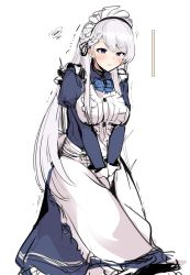 Rule 34 | 1girl, akakama, annoyed, apron, azur lane, back bow, belfast (azur lane), belfast (serene steel) (azur lane), between legs, blue bow, blue bowtie, blue dress, bow, bowtie, braid, breasts, dress, embarrassed, female focus, frilled apron, frills, gloves, grey hair, half-closed eyes, hand between legs, have to pee, highres, large breasts, long hair, maid, maid apron, maid headdress, official alternate costume, open mouth, own hands together, purple eyes, simple background, sketch, solo, squiggle, sweat, trembling, urine meter, v-shaped eyebrows, v arms, white apron, white background, white gloves