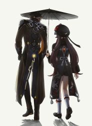 Rule 34 | 1boy, 1girl, black headwear, black pants, black shorts, brown hair, flower, from behind, full body, genshin impact, gloves, gradient hair, gs a eliha, height difference, highres, holding, holding umbrella, hu tao (genshin impact), long sleeves, low ponytail, multicolored hair, pants, plum blossoms, shoes, shorts, socks, tailcoat, twintails, two-tone hair, umbrella, walking, zhongli (genshin impact)