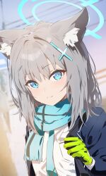 Rule 34 | 1girl, animal ear fluff, animal ears, blue archive, blue eyes, blue jacket, blue scarf, blush, breasts, cross hair ornament, extra ears, gloves, green gloves, grey hair, hair ornament, halo, highres, jacket, kuu (user gngs5284), long sleeves, looking at viewer, medium breasts, medium hair, open clothes, open jacket, scarf, shiroko (blue archive), shirt, sidelocks, smile, solo, white shirt, wolf ears