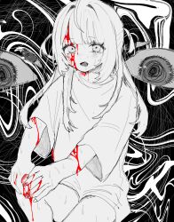 Rule 34 | 1girl, absurdres, blood, blood on face, blood on hands, eyeball, greyscale, hanataro (sruvhqkehy1zied), highres, long hair, looking at viewer, monochrome, open mouth, original, shirt, simple background, solo, spot color, sweat, two side up, wide sleeves