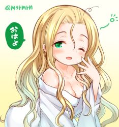 Rule 34 | 1girl, ahoge, bad id, bad pixiv id, blonde hair, blush, breasts, cleavage, green eyes, long hair, looking at viewer, mashiro miru, meimei (p&amp;d), messy hair, off shoulder, one eye closed, open mouth, puzzle &amp; dragons, robe, solo, twitter username, waking up, wavy hair
