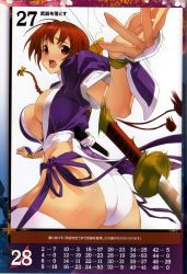 Rule 34 | 1girl, absurdres, braid, breasts, brown eyes, brown hair, cleavage, dead or alive, highres, japanese clothes, kasumi (doa), large breasts, long hair, ninja, official art, puffy short sleeves, puffy sleeves, queen&#039;s blade, queen&#039;s gate, sanbasou, short sleeves, simple background, single braid, solo, thighhighs, thighs, white background, white thighhighs