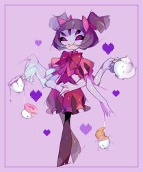Rule 34 | 1girl, amakusa (hidorozoa), arthropod girl, blunt bangs, bow, bowtie, brown hair, bug, colored skin, cup, doughnut, dress, fang, fang out, fangs, fangs out, food, insect girl, interlocked fingers, looking at viewer, monster girl, muffet, own hands together, pantyhose, pink bow, pink dress, purple skin, red bow, red bowtie, smile, solo, spider, spider girl, standing, teacup, twintails, undertale