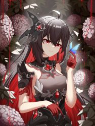 Rule 34 | 1girl, absurdres, antenna hair, bare shoulders, blood, blue butterfly, breasts, broseele, bug, butterfly, cleavage, flower, gloves, hair between eyes, hair ornament, highres, honkai (series), honkai impact 3rd, hydrangea, insect, long hair, pink flower, red eyes, red gloves, red hair, seele (alter ego), seele vollerei, seele vollerei (starchasm nyx), sideboob, smile, solo