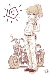 Rule 34 | 1girl, bow, breasts, dated, female focus, hair bow, highres, monochrome, motor vehicle, motorcycle, naked overalls, oonuma hiroshi, original, overalls, ponytail, shoes, sidelocks, small breasts, solo, standing