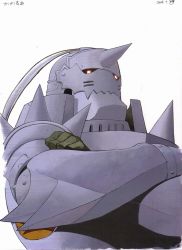 Rule 34 | 00s, 1boy, alphonse elric, arakawa hiromu, armor, crossed arms, dated, fullmetal alchemist, gloves, helmet, highres, looking at viewer, male focus, simple background, solo, white background