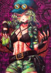 Rule 34 | 1girl, arm up, bag, belt, black bag, black belt, black bra, black choker, black gloves, blue hat, blush, bra, breasts, card, choker, closed mouth, collarbone, commentary request, fingernails, gloves, green eyes, green hair, green jacket, green shorts, hands up, hat, highres, jacket, jewelry, key, key necklace, long fingernails, long sleeves, looking to the side, nail polish, navel, necklace, open clothes, open jacket, pocket, purple background, purple nails, short hair, shorts, sleeves rolled up, small breasts, solo, standing, tongue, tongue out, touhou, underwear, wallet, waramori fuzuka, yamashiro takane