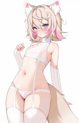 Rule 34 | 1girl, animal ears, bare shoulders, blonde hair, blue eyes, blush, breasts, commentary, cowboy shot, crop top, detached sleeves, dog ears, dog girl, dog tail, groin, highres, hololive, hololive english, koahri, large tail, looking at viewer, meme attire, midriff, mococo abyssgard, multicolored hair, navel, nose blush, panties, pink hair, short hair, sleeveless, sleeveless turtleneck, small breasts, solo, standing, stomach, streaked hair, sweater, tail, thighhighs, thighs, turtleneck, underwear, virgin destroyer sweater, virtual youtuber, white panties, white sweater, white thighhighs