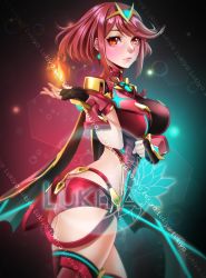 Rule 34 | 1girl, armor, artist name, ass, blush, breasts, cowboy shot, earrings, eyelashes, fingerless gloves, fire, gloves, hair ornament, highres, jewelry, large breasts, looking at viewer, lukiyachan, nintendo, pyra (xenoblade), pyrokinesis, red eyes, red hair, red shorts, short hair, short shorts, shorts, sidelocks, swept bangs, tiara, xenoblade chronicles (series), xenoblade chronicles 2
