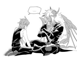 Rule 34 | 2boys, ahoge, armor, crossed arms, dark skin, dragon horns, dragon tail, dragon wings, faceless, faceless male, fate/apocrypha, fate (series), greyscale, horns, crossed legs, long hair, pants, long sleeves, male focus, monochrome, multiple boys, open mouth, pants, scar, seiza, shirt, short hair, sieg (fate), siegfried (fate), sitting, sozan 00, speech bubble, tail, waistcoat, wings
