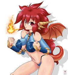 Rule 34 | 1girl, armor, artist logo, bikini armor, blue sleeves, blush, breasts, breath weapon, breathing fire, clenched hands, commentary request, detached sleeves, dragon girl, dragon half, dragon horns, dragon tail, dragon wings, drop shadow, feet out of frame, fire, hair between eyes, horns, kawa-v, long hair, looking at viewer, medium breasts, mink (dragon half), open mouth, red eyes, red hair, red wings, simple background, solo, tail, very long hair, white background, wings