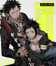 Rule 34 | 1boy, 1girl, abs, black coat, black hair, breasts, chest tattoo, cleavage, coat, dual persona, earrings, facial hair, frown, genderswap, genderswap (mtf), hand tattoo, happy birthday, holding, holding sheath, jewelry, long sleeves, looking at viewer, lying on lap, m yofukashi, no bra, one piece, open clothes, open coat, sheath, sheathed, short hair, smile, spoilers, tattoo, trafalgar law, yellow eyes