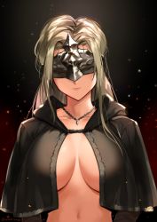 Rule 34 | 1girl, arms at sides, black background, blindfold, blonde hair, breasts, capelet, cloak, collarbone, commentary, covered eyes, dark souls (series), dark souls i, dark souls iii, fire keeper, gradient background, head tilt, highres, jewelry, large breasts, light smile, lips, long hair, mask, navel, necklace, no undershirt, red background, sendo (sendrawz), solo, upper body