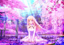 Rule 34 | 1girl, bare shoulders, between legs, blonde hair, blue sky, bridal gauntlets, cloud, cloudy sky, collarbone, commentary request, day, dress, flower, halterneck, hand between legs, hydrangea, long hair, looking at viewer, original, parted lips, petals, petals on liquid, pink flower, purple eyes, see-through, shallow water, shouhei, sitting, sky, solo, thighhighs, tree, veil, very long hair, wariza, water, white dress, white thighhighs