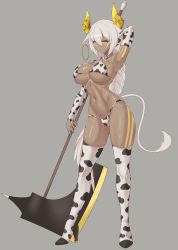 Rule 34 | 1girl, absurdres, animal print, arm up, armpits, axe, breasts, cow girl, cow horns, cow print, cow print bikini, cow tail, dark-skinned female, dark skin, earrings, elbow gloves, epko, gloves, highres, hoop earrings, horns, jewelry, large breasts, looking at viewer, original, print bikini, shiny skin, solo, tail, tan, thighhighs, thighs, weapon, white hair, yellow eyes, yellow horns