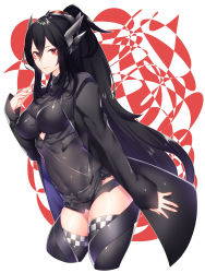 Rule 34 | 1girl, absurdres, arm at side, black hair, black jacket, black shorts, black thighhighs, breasts, checkered clothes, checkered legwear, closed mouth, covered navel, eyelashes, facial mark, hair between eyes, headgear, highres, jacket, light smile, long hair, long sleeves, looking at viewer, open clothes, open jacket, original, ponytail, red eyes, shiny clothes, short shorts, shorts, sidelocks, skin tight, skindentation, solo, standing, thighhighs, very long hair, yutazou