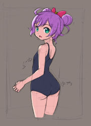 Rule 34 | 1girl, ass, bow, brown background, cropped legs, double bun, from behind, green eyes, hair bow, looking at viewer, looking back, manaka laala, one-piece swimsuit, open mouth, pretty series, pripara, purple hair, rohitsuka, school swimsuit, short hair, sketch, solo, swimsuit