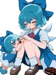 Rule 34 | 1girl, blue bow, blue dress, blue eyes, blue hair, bow, chibi, chocolate, cirno, clone, dress, feeding, hair bow, height difference, highres, ice, ice wings, mikan (manmarumikan), short hair, sitting, touhou, white background, wings