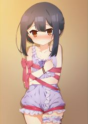Rule 34 | 1girl, absurdres, black hair, blush, brown eyes, camisole, commentary request, fate/kaleid liner prisma illya, fate (series), hand on own chest, highres, bridal garter, miyu edelfelt, purple camisole, ribbon, short hair, solo, tomo (ryo i so )