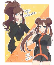 2girls antenna_hair black_hoodie blue_eyes blush breasts brown_hair character_name closed_mouth commentary_request cosplay creatures_(company) dawn_(pokemon) dawn_(pokemon)_(cosplay) double_bun dress eyelashes game_freak hair_bun hand_up high_ponytail highres hilda_(pokemon) hood hoodie long_hair long_sleeves multiple_girls nintendo ohn_pkmn pokemon pokemon_bdsp pokemon_bw pokemon_bw2 rosa_(pokemon) short_dress short_sleeves sidelocks smile star_(symbol) tassel translated twintails v