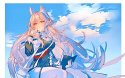 Rule 34 | 1girl, animal ears, arknights, black dress, blue sky, chinese commentary, closed mouth, commentary request, cowboy shot, day, dress, hair between eyes, hand up, highres, holding, holding notepad, jacket, lin qing (phosphorus 1104), long hair, long sleeves, looking afar, notepad, open clothes, open jacket, outdoors, pink eyes, pink hair, pozyomka (arknights), short dress, sitting, sketch, sky, solo, sunlight, turning head, white jacket, wind