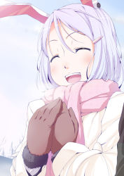 Rule 34 | 1girl, ^ ^, alternate hairstyle, animal ears, breath, rabbit ears, closed eyes, closed eyes, female focus, gloves, hair ornament, hairclip, happy, long hair, natsumi akira, open mouth, purple hair, reisen udongein inaba, scarf, snow, solo, touhou