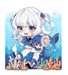 Rule 34 | 1girl, :d, animal hood, blue eyes, blue hoodie, blue socks, chibi, commentary request, coral, drawstring, fins, fish tail, full body, gawr gura, gawr gura (1st costume), hair ornament, highres, hololive, hololive english, hood, hood down, hoodie, long sleeves, looking at viewer, open mouth, outstretched arms, shark girl, shark hair ornament, shark hood, shark tail, sharp teeth, shoes, smile, socks, solo, spread arms, tail, teeth, two side up, underwater, usagi (cecilia), virtual youtuber, water, white footwear, white hair, wide sleeves