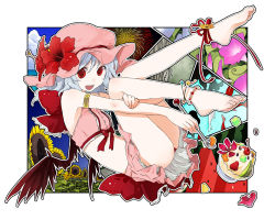 Rule 34 | 1girl, aerial fireworks, anklet, barefoot, bat wings, bikini, blue hair, bug, cicada, contemporary, feet, female focus, fireworks, flower, food, fruit, hat, hibiscus, ice cream, insect, jewelry, kintaro, ocean, red eyes, remilia scarlet, short hair, smile, solo, spoon, sunflower, swimsuit, touhou, vampire, wallpaper, watermelon, wings