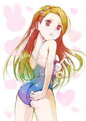 Rule 34 | 1girl, :t, adjusting clothes, adjusting swimsuit, ass, brown hair, competition school swimsuit, ek masato, from behind, hairband, idolmaster, idolmaster (classic), long hair, minase iori, one-piece swimsuit, red eyes, school swimsuit, solo, stuffed animal, stuffed rabbit, stuffed toy, swimsuit, wedgie