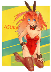 Rule 34 | 1girl, animal ears, bad id, bad pixiv id, bare shoulders, blue eyes, bow, bowtie, breasts, character name, cleavage, daicon bunny girl, detached collar, fake animal ears, full body, high heels, highres, kneeling, leotard, medium breasts, neon genesis evangelion, parody, playboy bunny, rabbit ears, red hair, shoes, simple background, siori, solo, souryuu asuka langley, thighhighs, wrist cuffs