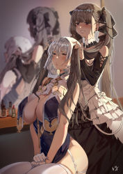 Rule 34 | 2girls, azur lane, bad id, bad pixiv id, bare shoulders, between breasts, black dress, blush, braid, breast curtains, breasts, china dress, chinese clothes, cleavage, club3, dress, earrings, formidable (azur lane), frilled dress, frills, garter straps, gloves, grey dress, grey hair, grin, hair ribbon, half gloves, highres, holding, holding hair, jewelry, large breasts, long hair, mirror, multiple girls, neckwear between breasts, open mouth, red eyes, reflection, revealing clothes, ribbon, short hair, side braid, side slit, sirius (azur lane), sirius (azure horizons) (azur lane), sitting, smile, thighhighs, thighs, twintails, two-tone dress, two-tone ribbon, very long hair, white gloves, white hair, white legwear