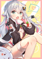 Rule 34 | 1girl, absurdres, bandaged leg, bandages, black bow, black jacket, blue eyes, bow, braid, breasts, fang, floating hair, grey hair, hair bow, highres, indie virtual youtuber, jacket, kagura nana, long hair, long sleeves, multicolored hair, open clothes, open jacket, open mouth, pink hair, sarashi, sitting, skin fang, small breasts, solo, speech bubble, star-shaped pupils, star (symbol), symbol-shaped pupils, tou tou, two-tone hair, underboob, very long hair, virtual youtuber