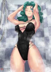 Rule 34 | 1girl, armpits, arms up, bishoujo senshi sailor moon, black one-piece swimsuit, blue eyes, blush, breasts, cameltoe, cleavage, collarbone, covered erect nipples, covered navel, female focus, green hair, highres, kaiou michiru, long hair, looking at viewer, medium breasts, one-piece swimsuit, one eye closed, parted lips, redjet, sailor neptune, shower, showering, solo, standing, swimsuit, thick thighs, thighs, wink