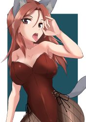 Rule 34 | 1girl, absurdres, animal ears, blush, breasts, brown eyes, cleavage, collarbone, dog ears, dog tail, fishnet legwear, fishnets, highres, large breasts, leotard, long hair, minna-dietlinde wilcke, open mouth, red hair, red leotard, strike witches, t-8000, tail, world witches series