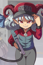 Rule 34 | 1girl, alternate costume, blue bow, bow, collarbone, dated, employee uniform, gas station, gasoline, goat horns, hat, hat tip, highres, horn bow, horn ornament, horns, looking at viewer, pants, pointy ears, rectangular pupils, red eyes, sharp teeth, short hair, signature, smile, solo, syope, teeth, touhou, sunken fossil world, toutetsu yuuma, undefined, uniform, wavy hair