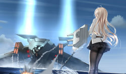 Rule 34 | 1girl, alternate legwear, battleship (movie), black pantyhose, black skirt, blonde hair, cannon, chain, cloud, commentary request, crossover, day, highres, jacket, lazy guang guang, long hair, missouri (warship girls r), ocean, outdoors, pantyhose, pleated skirt, skirt, sky, turret, ufo, warship girls r, white jacket