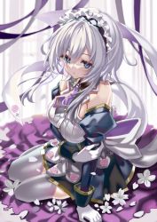 Rule 34 | 1girl, blue eyes, breasts, floral print, flower, gloves, highres, himeji shirayuki, large breasts, liar liar, maid headdress, official art, open mouth, rose print, second-party source, shino (eefy), short hair with long locks, sitting, skirt, solo, thighhighs, thighs, white hair