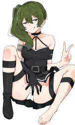 Rule 34 | 1girl, absurdres, bare shoulders, black dress, black footwear, black gloves, boots, breasts, dress, elbow gloves, gloves, green hair, highres, looking at viewer, m legs, medium breasts, panties, purple hair, sattinittas, side ponytail, simple background, smile, solo, sousou no frieren, tongue, tongue out, ubel (sousou no frieren), underwear, v, white background, white panties