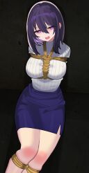 Rule 34 | 1girl, absurdres, arms behind back, bdsm, blue skirt, bondage, bound, breasts, commentary request, falken (yutozin), hair between eyes, highres, large breasts, open mouth, original, pencil skirt, pink eyes, purple hair, restrained, shibari, skirt, solo, sweater, teeth, thighs, upper teeth only, white sweater