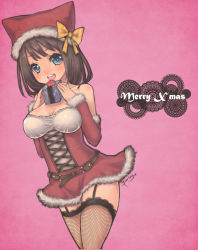 Rule 34 | 1girl, :d, absurdres, bad id, bad pixiv id, black thighhighs, blue eyes, blush, bow, box, breasts, brown hair, cleavage, detached sleeves, fishnet thighhighs, fishnets, garter straps, gift, gift box, hat, highres, large breasts, merry christmas, miyamae porin, open mouth, original, pink background, santa hat, short hair, smile, solo, thighhighs, yellow bow