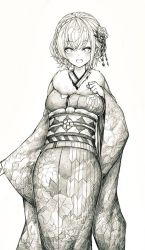 Rule 34 | 1girl, breasts, clenched hand, graphite (medium), greyscale, hololive, japanese clothes, kimono, kupa (jesterwii), large breasts, looking ahead, monochrome, open mouth, shirogane noel, shirogane noel (new year), short hair, smile, solo, traditional media, virtual youtuber, yukata