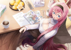 Rule 34 | 1girl, blue eyes, blush, book, bowl, breasts, cleavage, cleavage cutout, clothing cutout, coffee mug, commentary request, cup, daidou (demitasse), food, from above, fruit, glasses, hairband, highres, indoors, jewelry, kotatsu, large breasts, long hair, long sleeves, looking at viewer, mandarin orange, megurine luka, meme attire, mug, necklace, open-chest sweater, open mouth, pink hair, ribbed sweater, sitting, smile, solo, sweater, table, very long hair, vocaloid